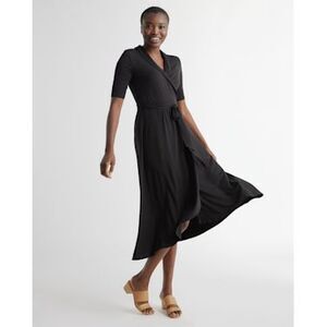 Quince Black Wrap Midi Dress with Tie Waist